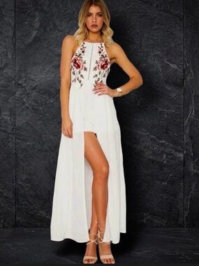White Floral Embroidered Halter Maxi Dress With Attached Shorts Romper